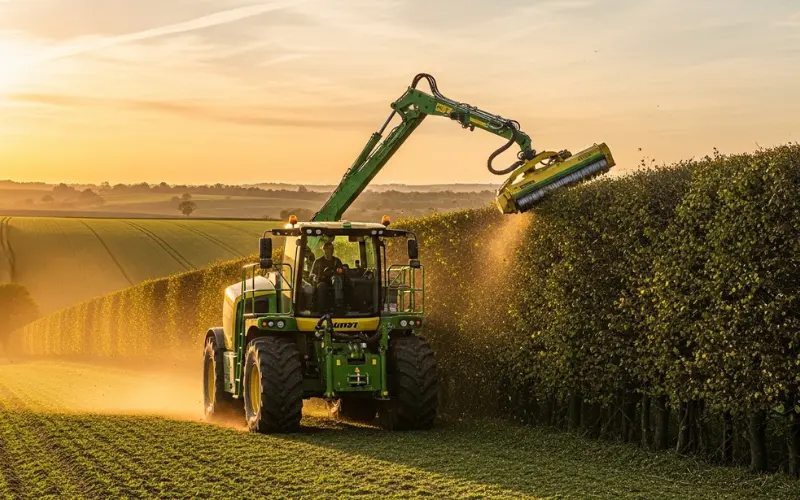 Modern hedge cutting machine working on large farmland boundary, sunset background.
