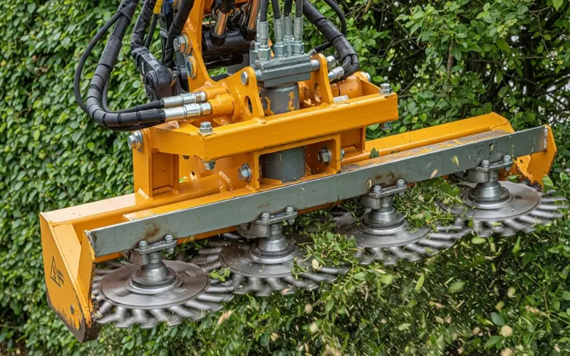 Hydraulic hedge cutting attachment close-up, reinforced steel frame, circular blade system in action.