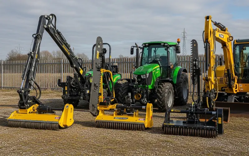 Different hedge cutting attachments displayed, tractor and excavator mounted options, equipment yard setting.