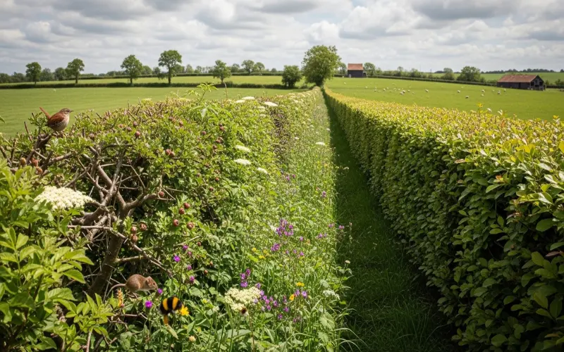 Wildlife-friendly hedgerow, clean trimmed hedge, natural farmland ecosystem, sustainable landscaping concept.