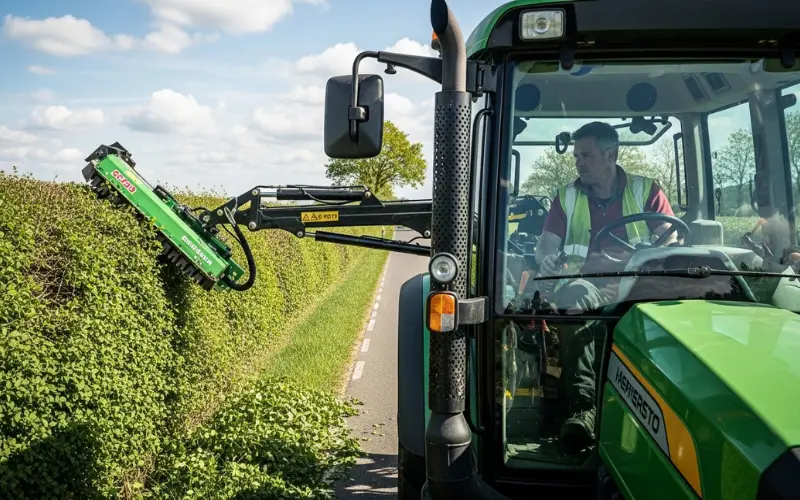 Operator inside tractor cabin controlling hedge cutter, safe roadside trimming, clear visibility setup.