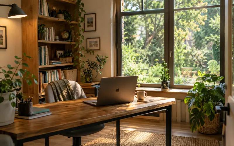 Cosy garden studio home office with desk, laptop, bookshelf and large window overlooking greenery.