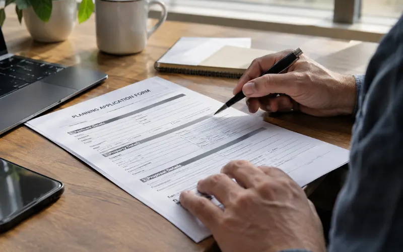 Hands reviewing a printed planning application form with a pen on a wooden desk in soft natural daylight.