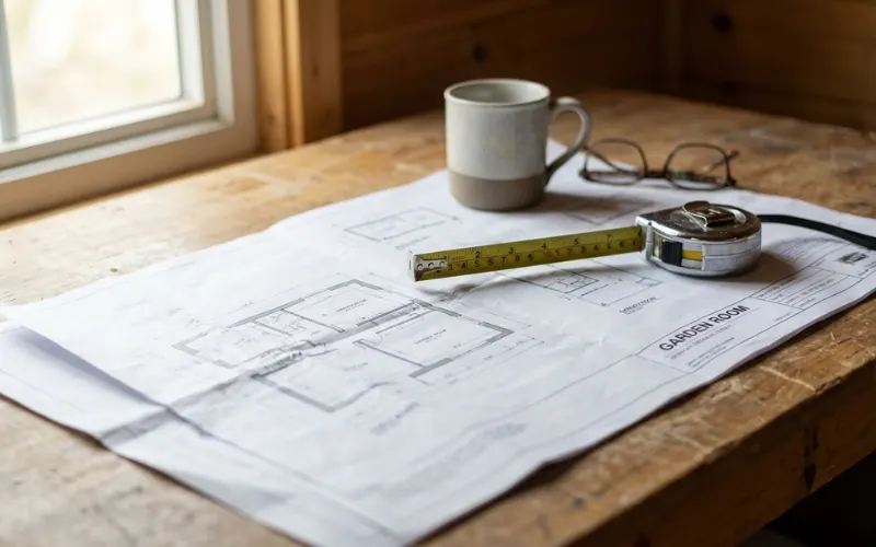 Garden room architectural plans with tape measure, mug and glasses on a wooden desk.